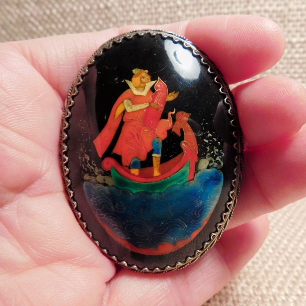 Vintage Russian Painting Set In Silver Setting Pin